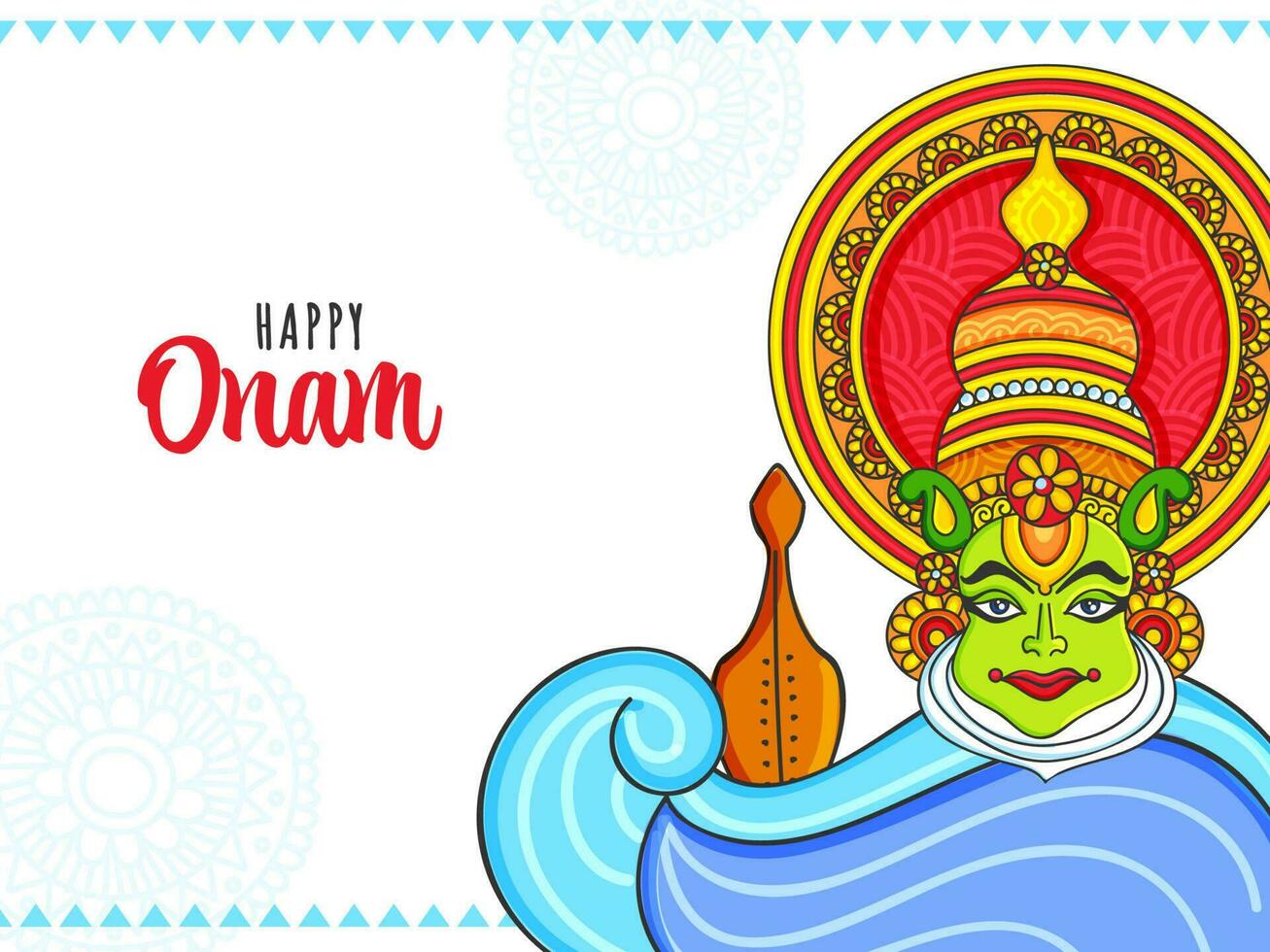 glücklich Onam Feier Konzept mit Kathakali Tänzer Gesicht und Wallam Kali Schlange Boot auf Weiß Hintergrund. vektor