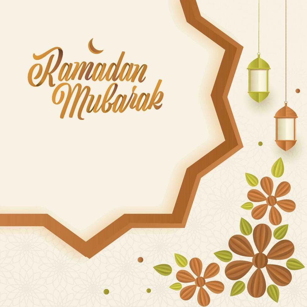 ramadan mubarak font med halvmåne måne, blommor och hängande lyktor dekorerad bakgrund. vektor