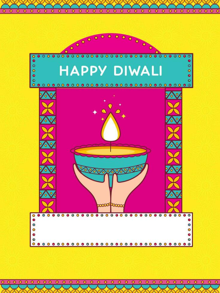 Lycklig diwali firande begrepp med händer innehav belyst olja lampa och kopia Plats på rosa och gul bakgrund. vektor