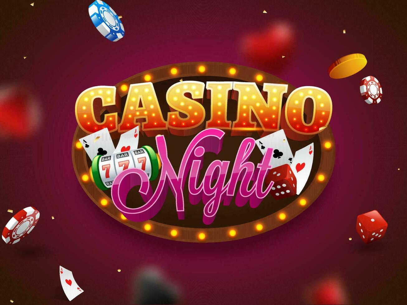 3d Kasino Nacht Text auf Festzelt Oval Rahmen mit Slot Maschine, spielen Karten, Poker Chips und golden Münzen dekoriert Rosa Hintergrund. vektor