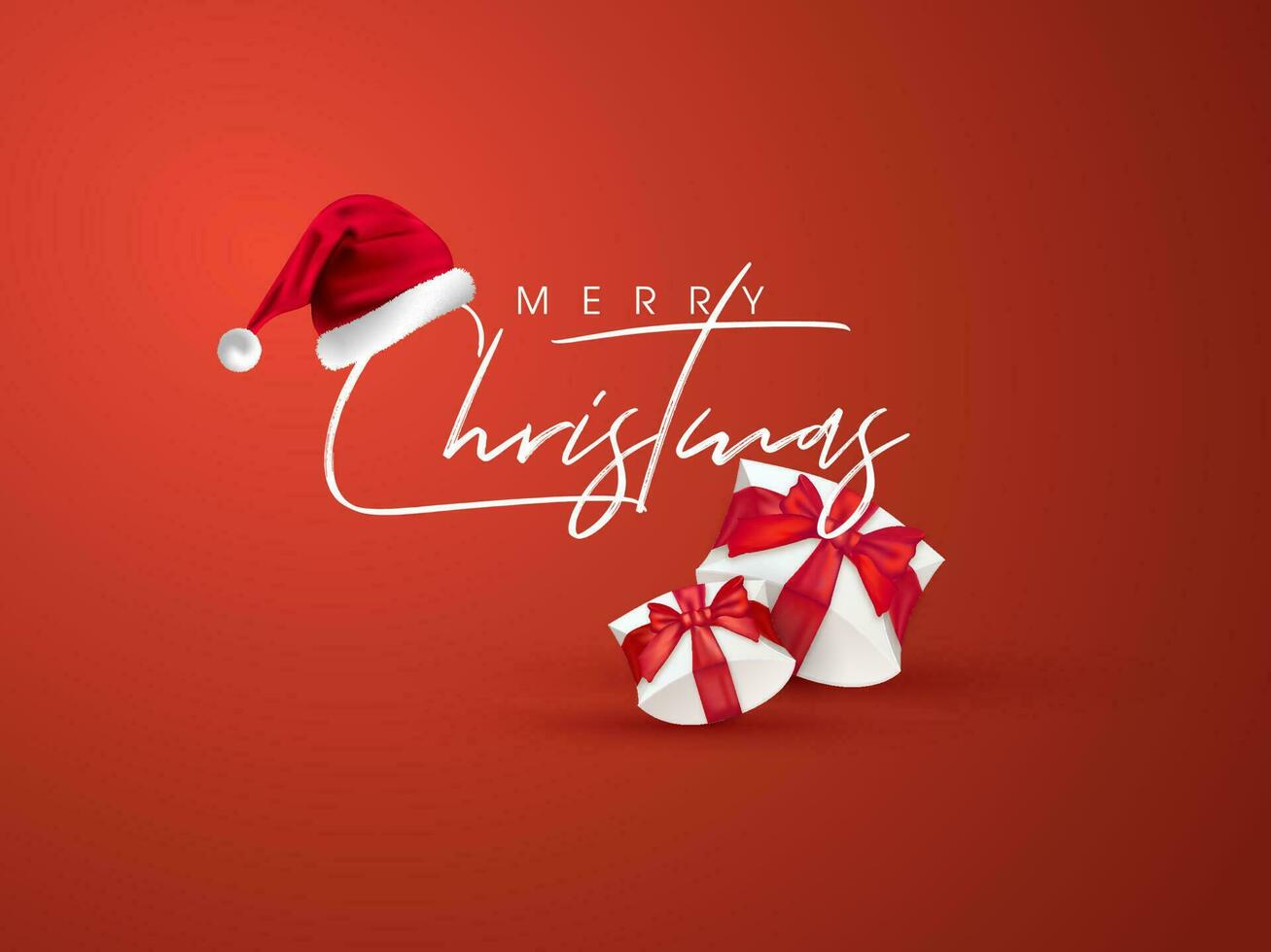 Kalligraphie Text fröhlich Weihnachten mit Santa Hut und Geschenk Kisten auf Orange Hintergrund können Sein benutzt wie Gruß Karte Design. vektor