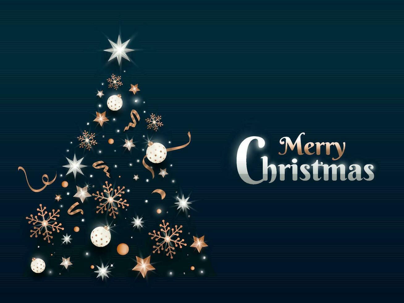 glad jul hälsning kort design med kreativ xmas träd tillverkad förbi stjärnor, grannlåt och snöflingor på grön bakgrund. vektor