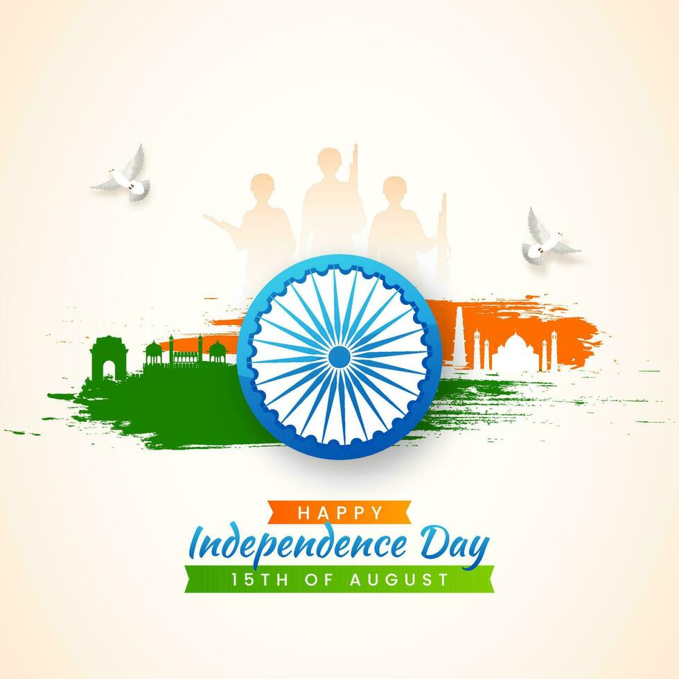 Lycklig oberoende dag begrepp med ashoka hjul, silhuett soldater, duvor flygande, saffran och grön borsta effekt indisk monument över bakgrund. vektor