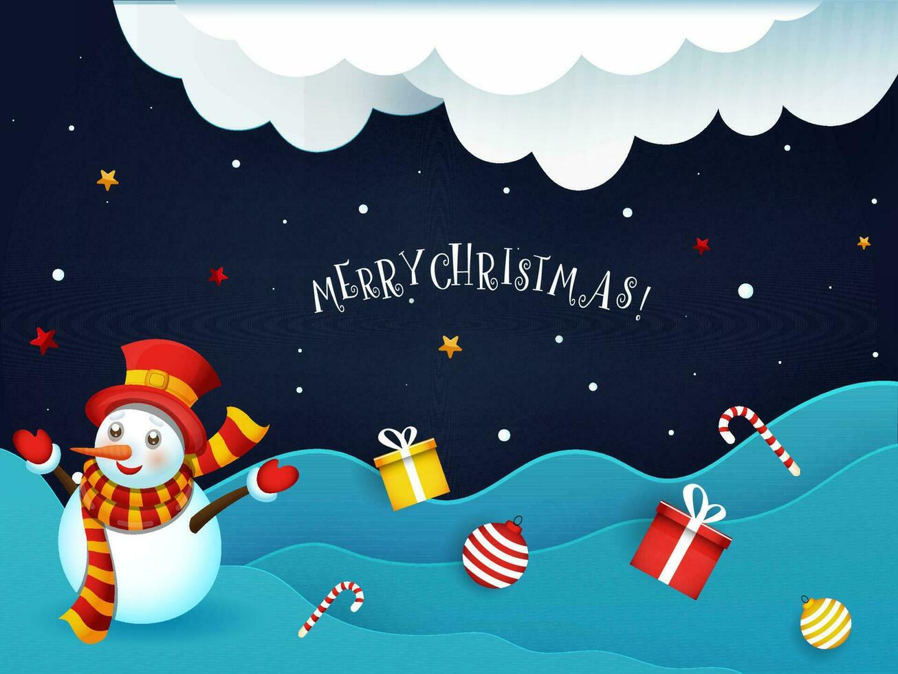 süß Schneemann Karikatur mit Geschenk Kisten, Kugeln und Süßigkeiten Stöcke auf Papier Schnitt Wolke und wellig Hintergrund zum fröhlich Weihnachten Feier. vektor