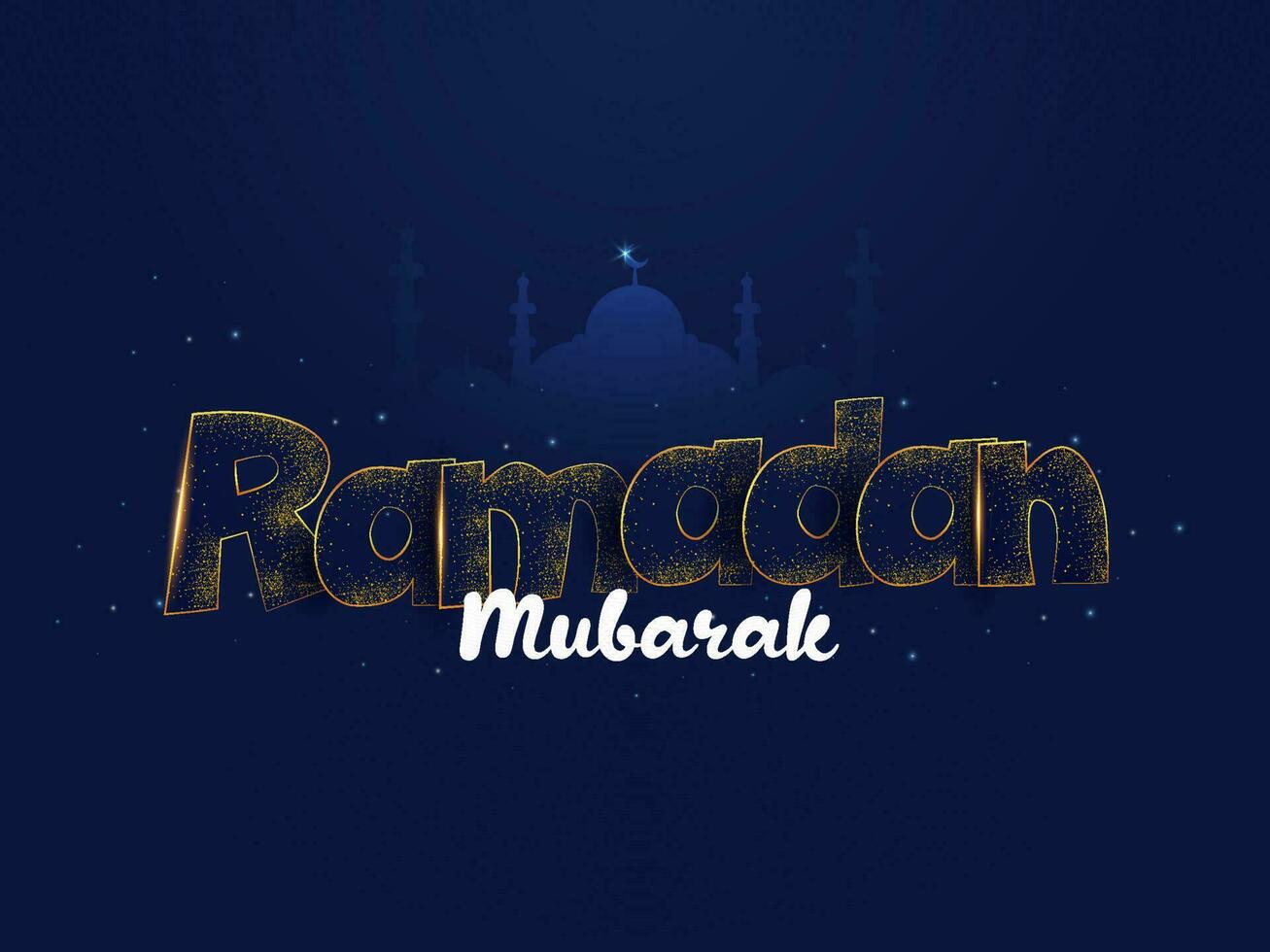 Ramadan Mubarak Schriftart mit Silhouette Moschee auf Blau Beleuchtung bewirken Hintergrund. vektor