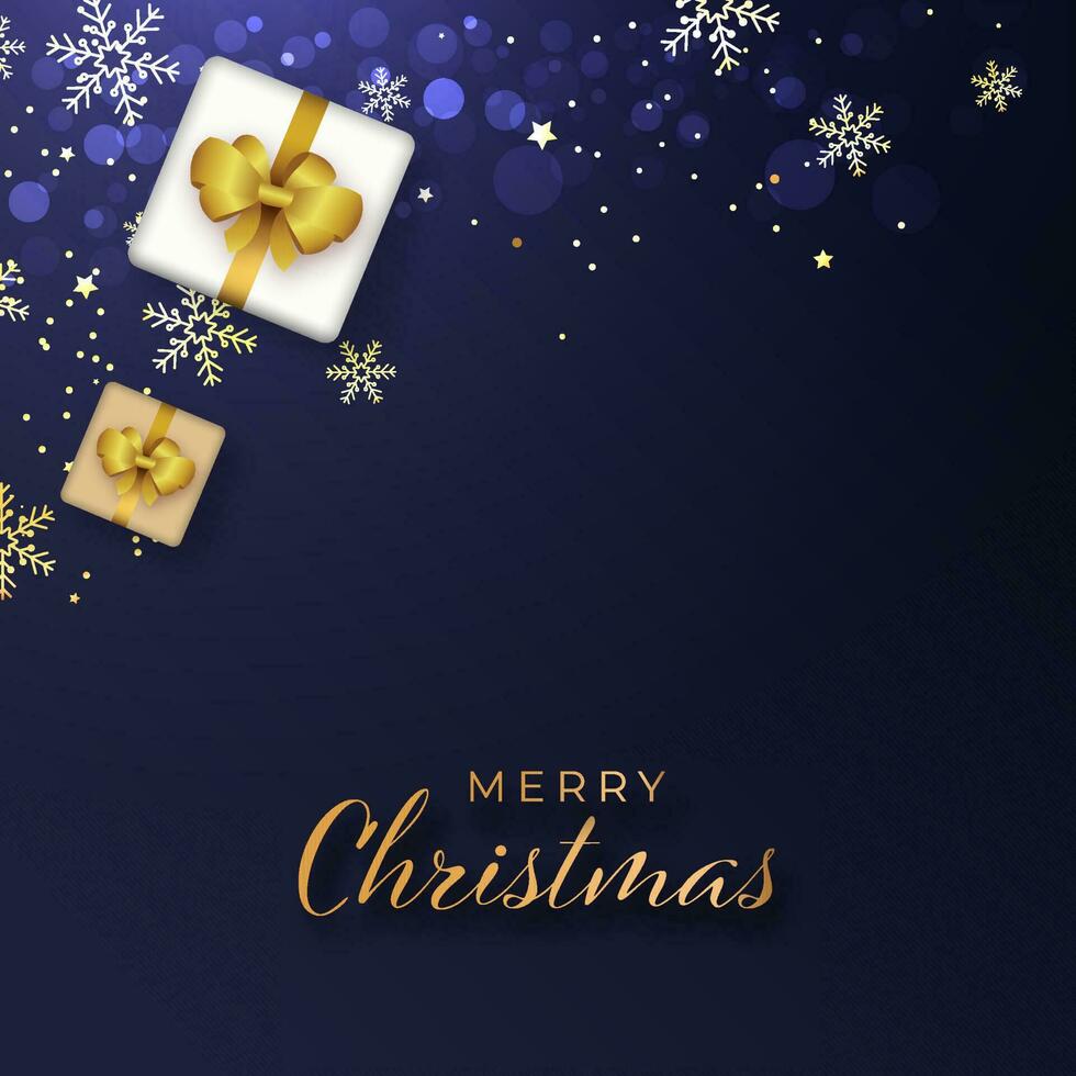 golden fröhlich Weihnachten Schriftart mit oben Aussicht von Geschenk Kisten, Schneeflocken, Sterne auf Blau Bokeh Hintergrund. vektor