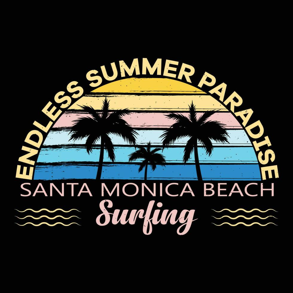 ändlös sommar paradis santa monica strand surfing t-shirt design vektor