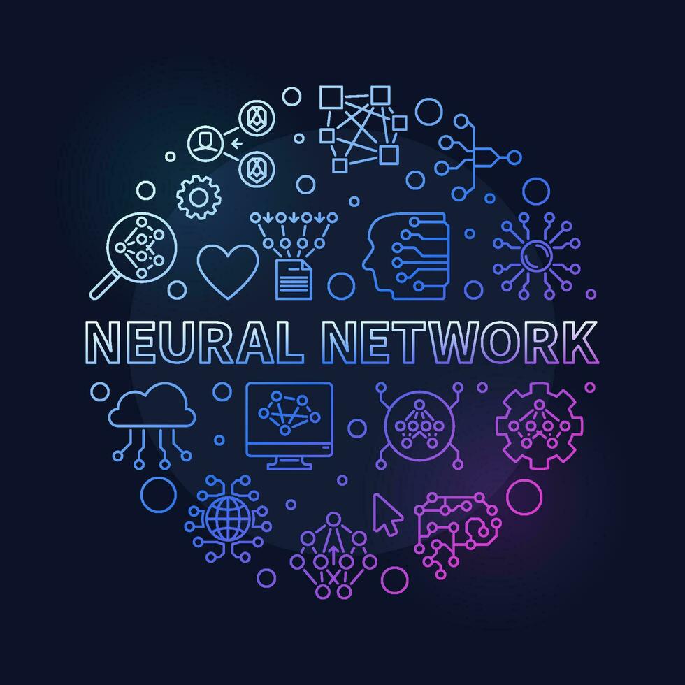 neural Netzwerk Konzept dünn Linie runden farbig Banner - - Vektor ai Technologie Illustration