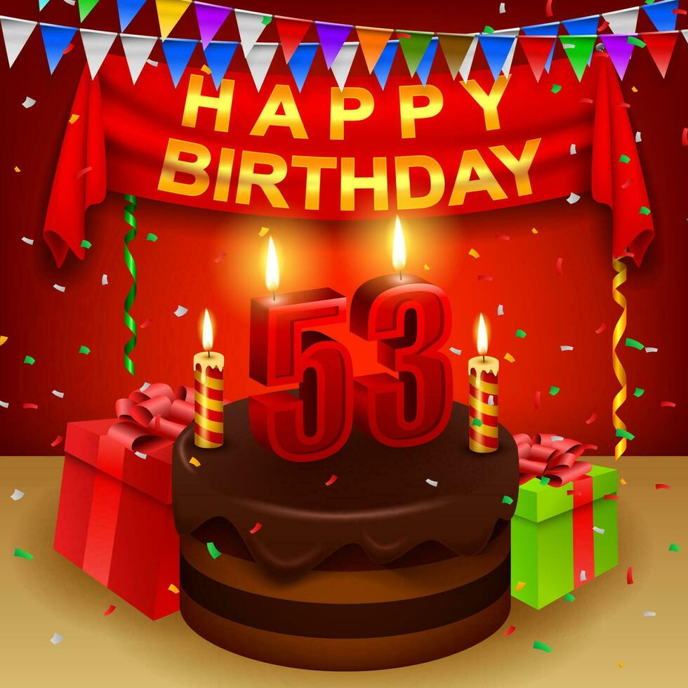 Lycklig 53: e födelsedag med choklad grädde kaka och triangel- flagga, vektor illustration