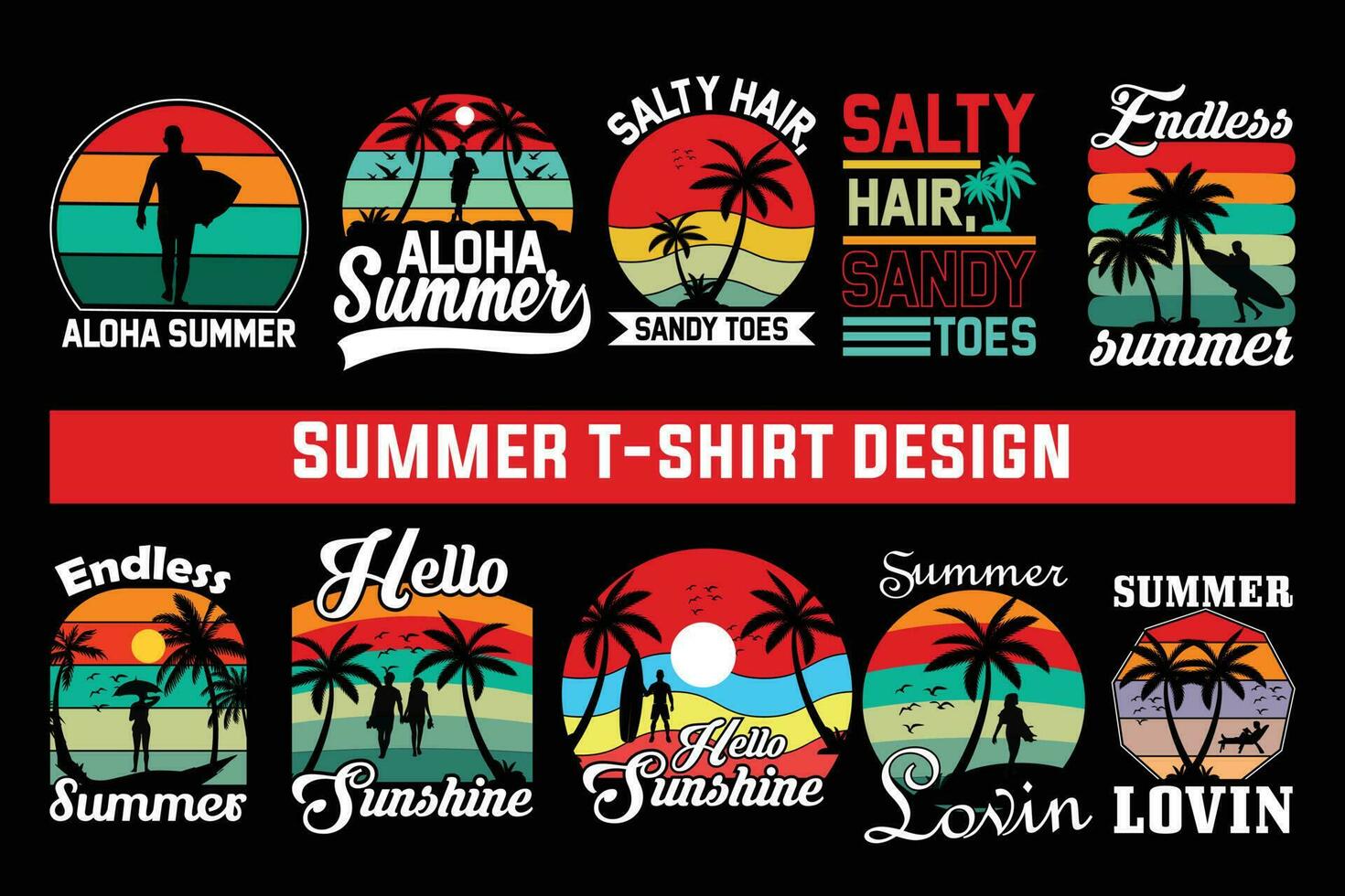 sommar t-shirt design bunt, sommar strand semester t-shirts, sommar surfing t-shirt vektor design