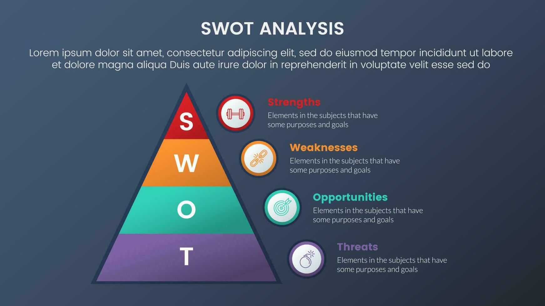 SWOT analys begrepp med pyramid rätt sida för infographic mall baner med fyra punkt lista information vektor