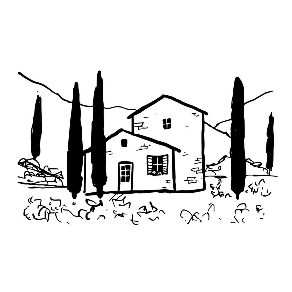 Tinte Hand gezeichnet Natur Szene. Vektor Toskana Landschaft mit Haus und Berge