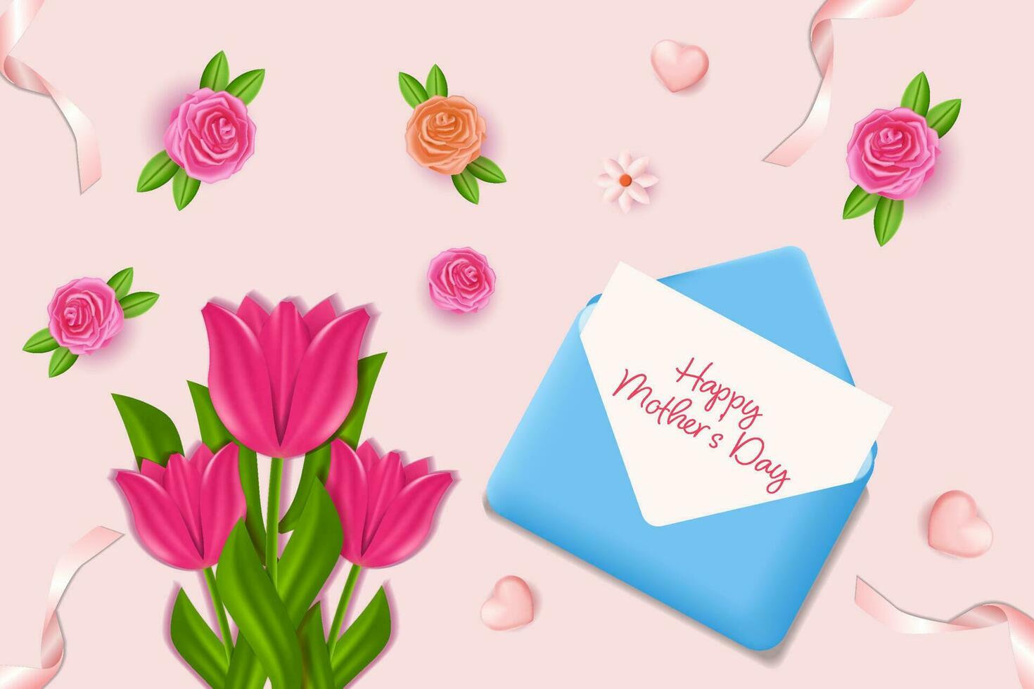 realistisk Lycklig mors dag baner illustration med blommor och kuvert vektor