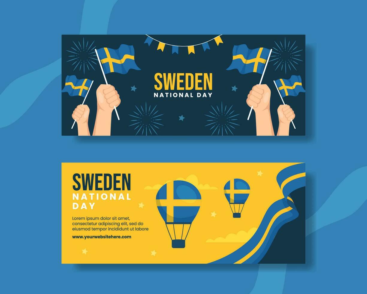 Sverige nationell dag horisontell baner tecknad serie hand dragen mallar bakgrund illustration vektor