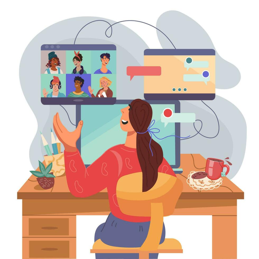 Frau nehmen Teil im Video online Konferenz auf Computer und reden mit Kollegen, eben Vektor Illustration isoliert auf Weiß Hintergrund. Video Treffen und Fernbedienung Verbindung.