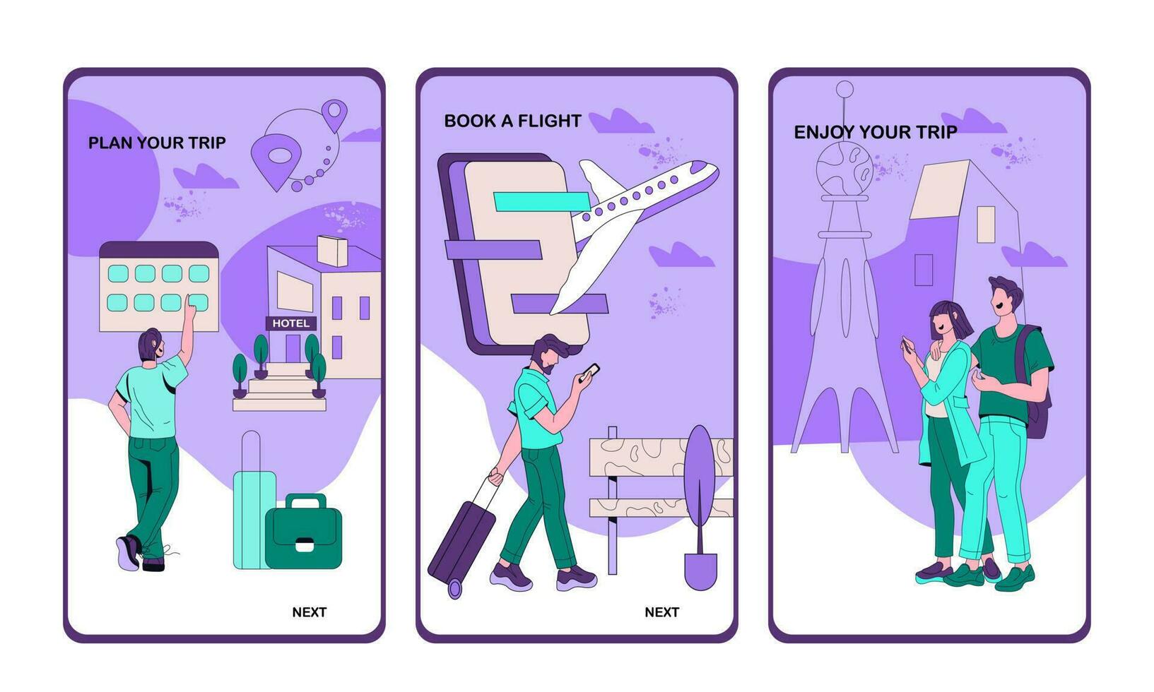 bokning uppkopplad Ansökan för turism och reser onboarding skärmar uppsättning. mobil sidor design för flyg biljetter och hotell bokning, resa service. tecknad serie vektor illustration.