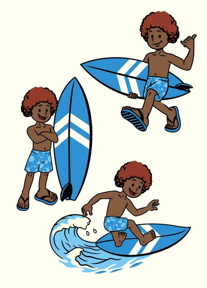 uppsättning årgång svart surfare pojke vektor