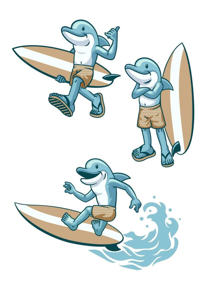 delfin surfare uppsättning i tecknad serie stil vektor
