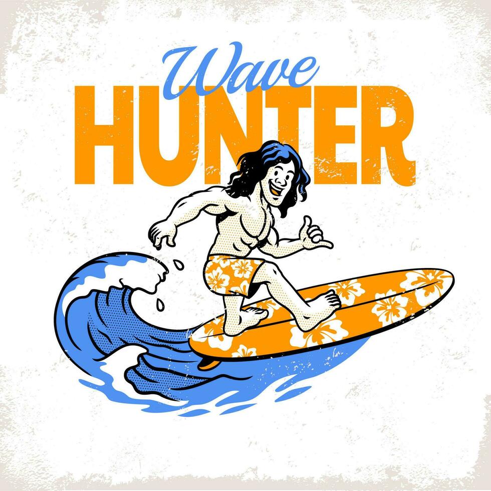 Jahrgang retro Hemd Design von Surfer im Aktion vektor