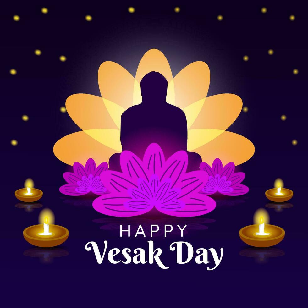 Lycklig Vesak dag, hälsning kort och affisch design för Vesak dag. Vesak dag är en helig dag för buddhister. silhuett av buddha staty och lotus blomma vektor