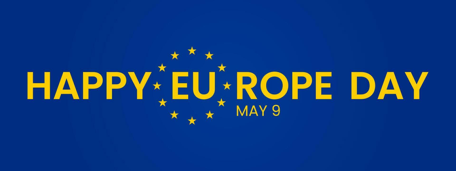 Lycklig Europa dag av europeisk union. Maj 9. blå flagga, gul stjärnor, olika människor innehav händer tillsammans, annorlunda kulturell jämlikhet, vektor illustration.