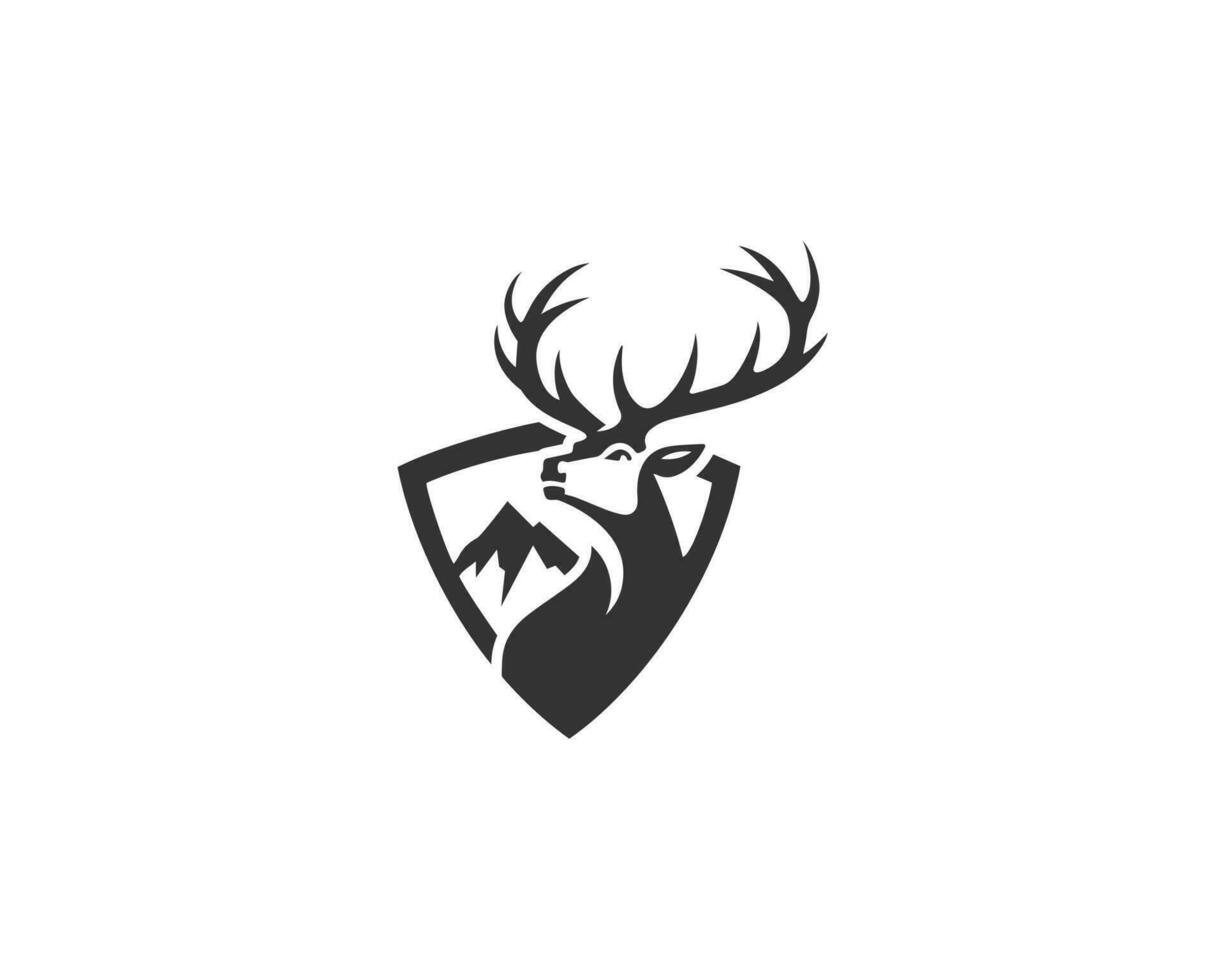 Schild Berg Hirsch Kopf Jagd Jahrgang Logo Design modern Vektor Vorlage.