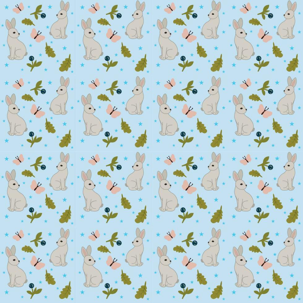 en blå bakgrund med en mönster av kaniner och löv vektor