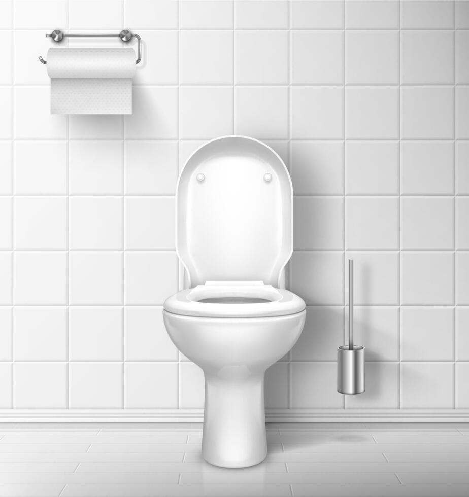 Toilette Schüssel im Badezimmer mit Papier rollen und Bürste vektor