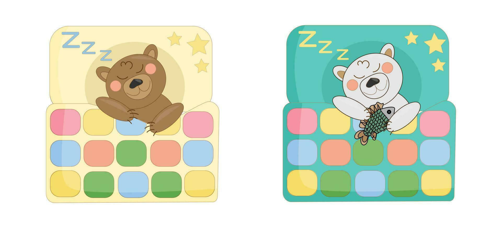 vektor illustration uppsättning av sovande tecknad serie bebis björnar polär och brun under en patchwork täcke filt i säng