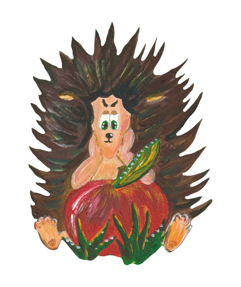 Vektor Acryl Illustration Charakter Karikatur nachdenklich Igel mit rot Apfel isoliert auf Weiß Hintergrund