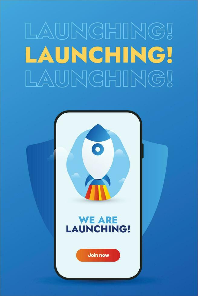 app lansera. app lansera händelse posta mall med raket i mobil skärm. mobil app sjösättning meddelande posta. börja raket lansera. ny mobil Ansökan lansera händelse posta. vektor