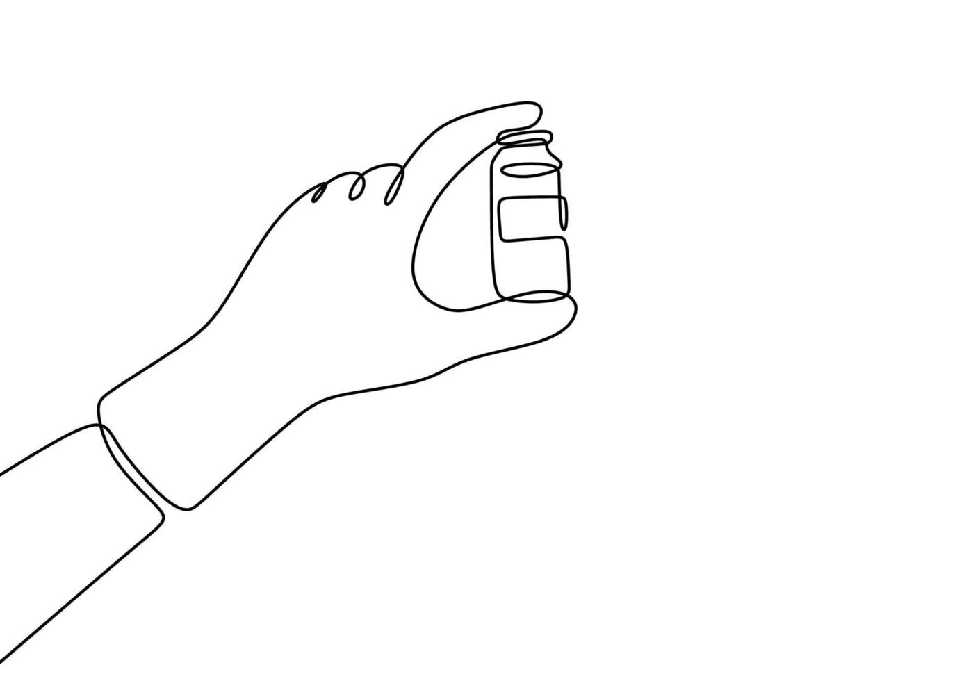 Hand mit Impfstoffflasche durchgehende Strichzeichnung. Spritzenimpfung, medizinische Vektorillustration. Impfung, Impfung, Arzt, Hand. minimalistischer moderner Stil. vektor