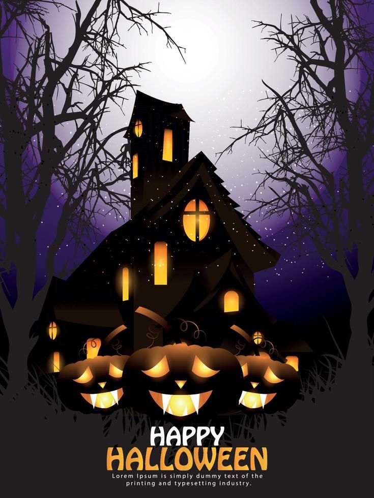 nattbakgrund för lycklig halloween med glödande pumpa, berömt hus vektor
