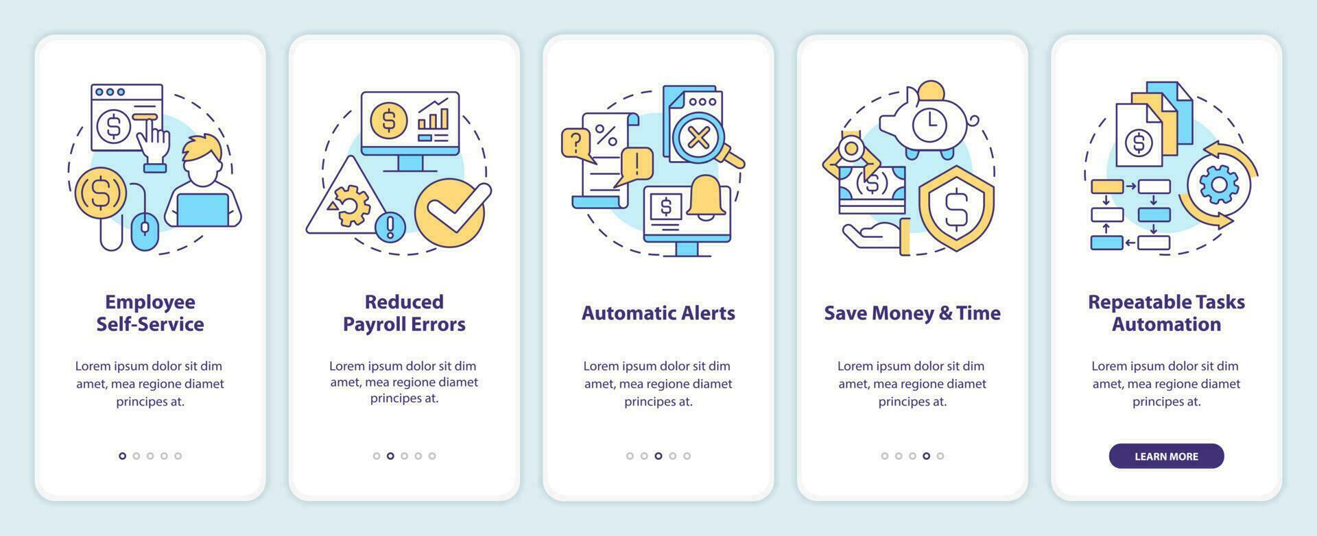 Lohn-und Gehaltsabrechnung wird bearbeitet Software Profis Onboarding Handy, Mobiltelefon App Bildschirm. Komplettlösung 5 Schritte editierbar Grafik Anleitung mit linear Konzepte. ui, ux, gui Vorlage vektor