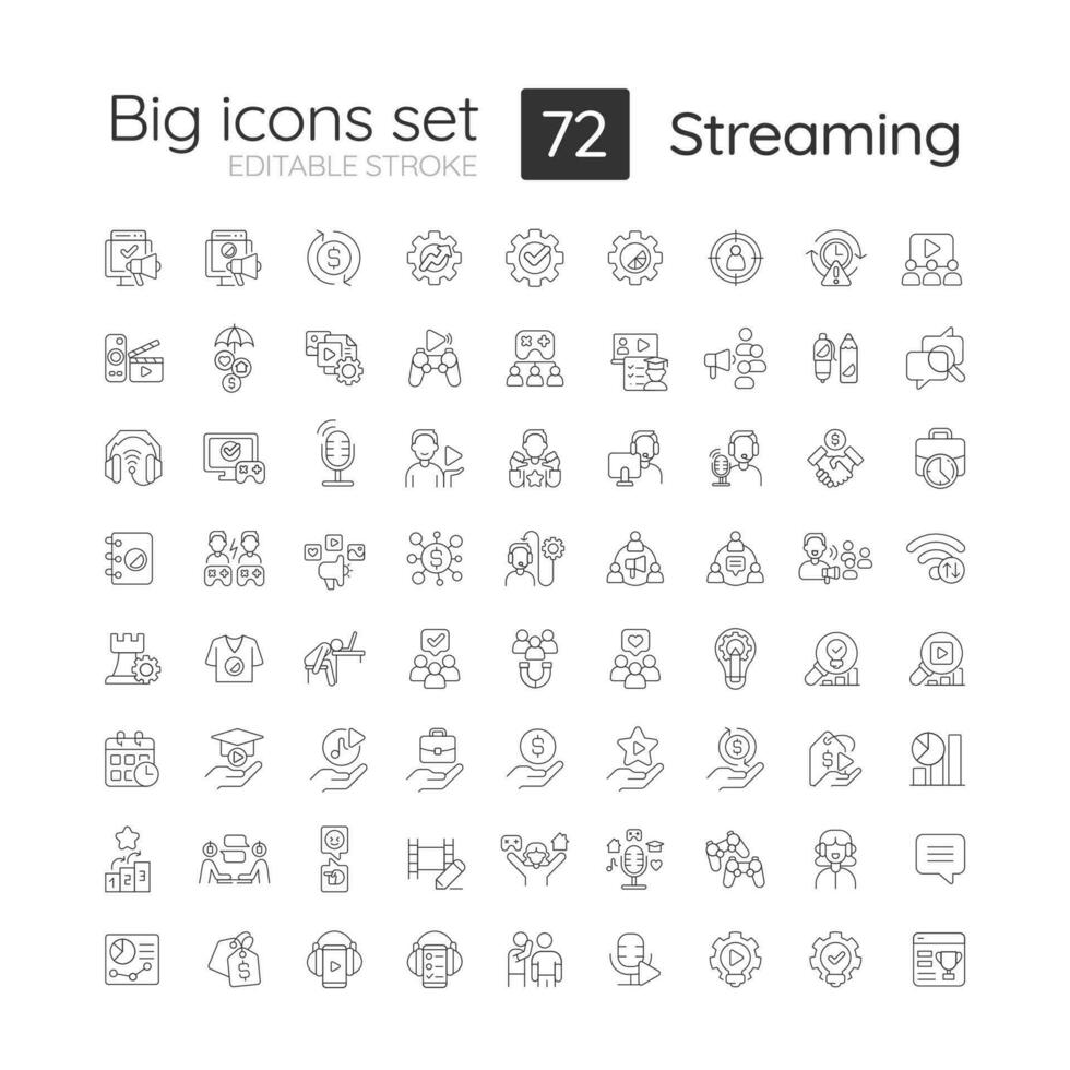Leben Streaming linear groß Symbole Satz. Fachmann online Stromer. Video Rundfunk. Digital Unterhaltung. anpassbar dünn Linie Symbole. isoliert Vektor Gliederung Illustrationen. editierbar Schlaganfall
