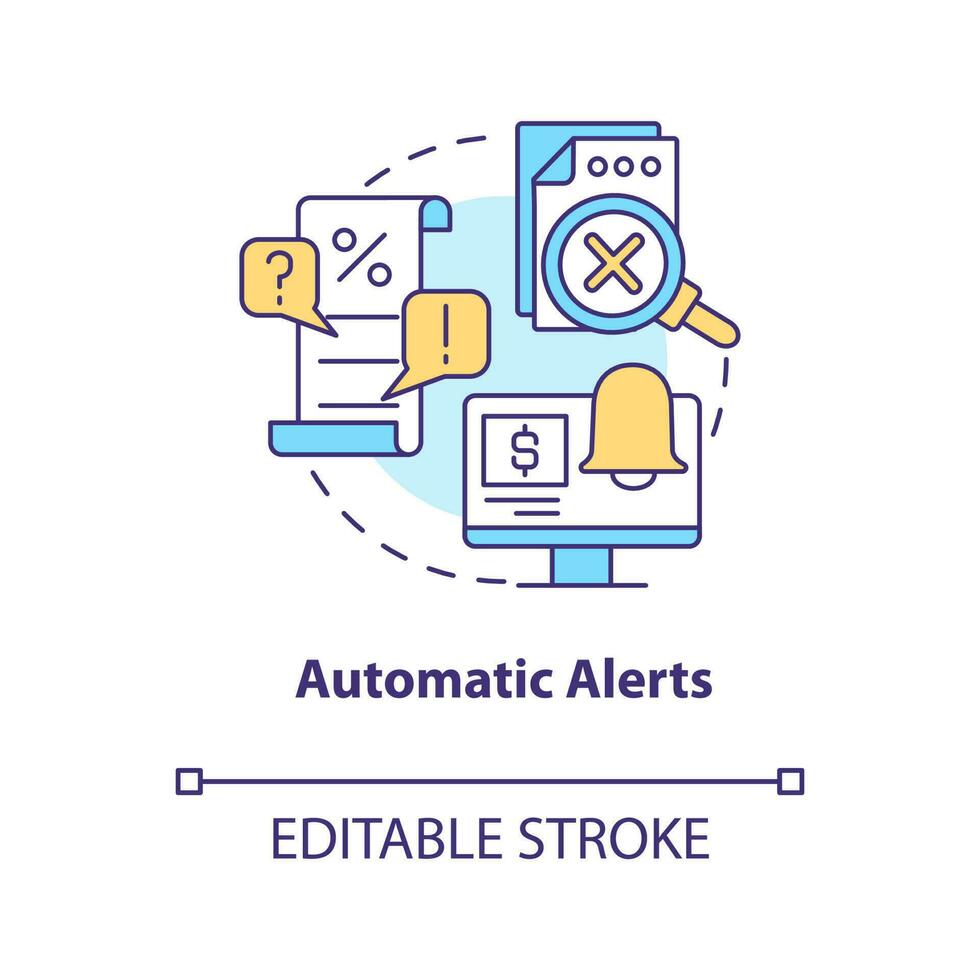 automatisch Warnungen Konzept Symbol. Lohn-und Gehaltsabrechnung wird bearbeitet Software Vorteil abstrakt Idee dünn Linie Illustration. isoliert Gliederung Zeichnung. editierbar Schlaganfall vektor