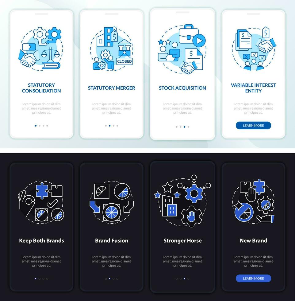 Konsolidierung Nacht und Tag Modus Onboarding Handy, Mobiltelefon App Bildschirm. Komplettlösung 4 Schritte editierbar Grafik Anleitung mit linear Konzepte. ui, ux, gui Vorlage vektor