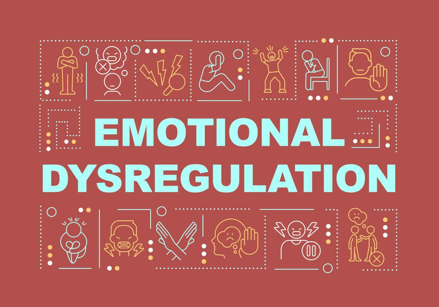 emotional Dysregulation Wort Konzepte rot Banner. Verhalten Themen. Infografiken mit editierbar Symbole auf Farbe Hintergrund. isoliert Typografie. Vektor Illustration mit Text