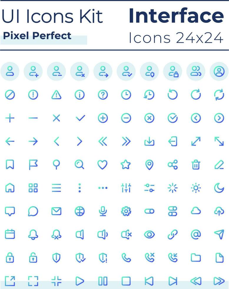 förståelig och enkel ser pixel perfekt lutning linjär ui ikoner uppsättning. systemet inställningar. linje kontur användare gränssnitt symboler. modern stil piktogram. vektor isolerat översikt illustrationer