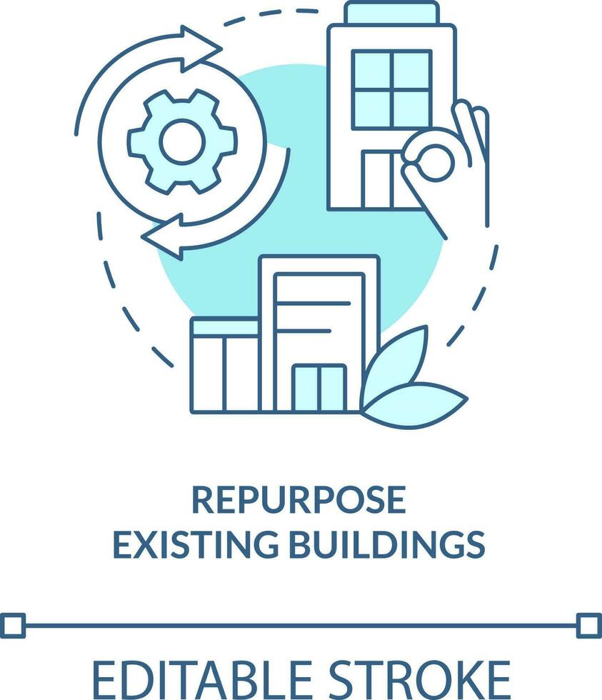 umfunktionieren bestehender Gebäude Türkis Konzept Symbol. Kohlenstoff Neutralisation Strategie abstrakt Idee dünn Linie Illustration. isoliert Gliederung Zeichnung. editierbar Schlaganfall vektor