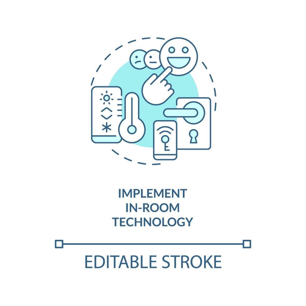 implementieren im Zimmer Technologie Türkis Konzept Symbol. Aufrechterhaltung Gast Befriedigung abstrakt Idee dünn Linie Illustration. isoliert Gliederung Zeichnung. editierbar Schlaganfall vektor