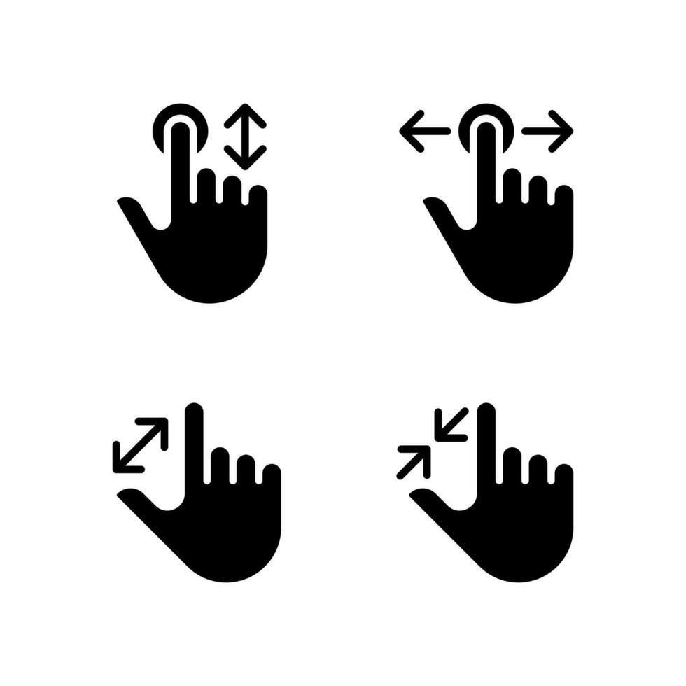 Scrollen und Zoomen Gesten schwarz Glyphe Symbole einstellen auf Weiß Raum. Berührungssensitiver Bildschirm Kontrolle. elektronisch Gerät Navigation. Silhouette Symbole. solide Piktogramm Pack. Vektor isoliert Illustration