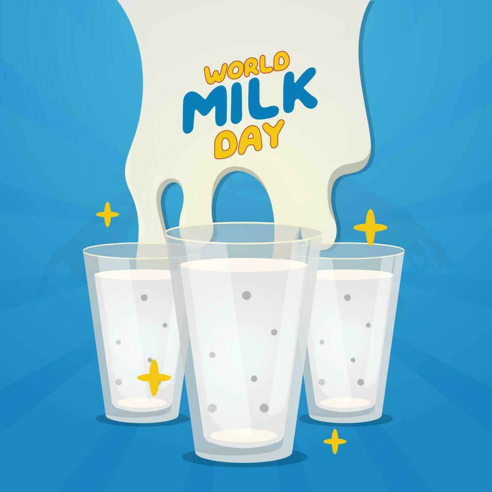 värld mjölk dag design mall för firande. värld mjölk dag vektor illustration med mjölk stänk och mjölk glas. platt mjölk illustration. stänk vektor design.