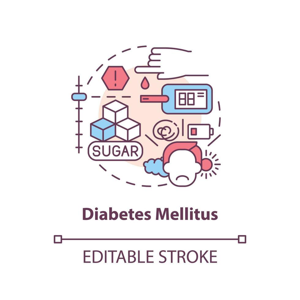 Diabetes Mellitus Konzept Symbol. Blut Glucose eben. chronisch Krankheiten Haupt Gruppe abstrakt Idee dünn Linie Illustration. isoliert Gliederung Zeichnung. editierbar Schlaganfall vektor