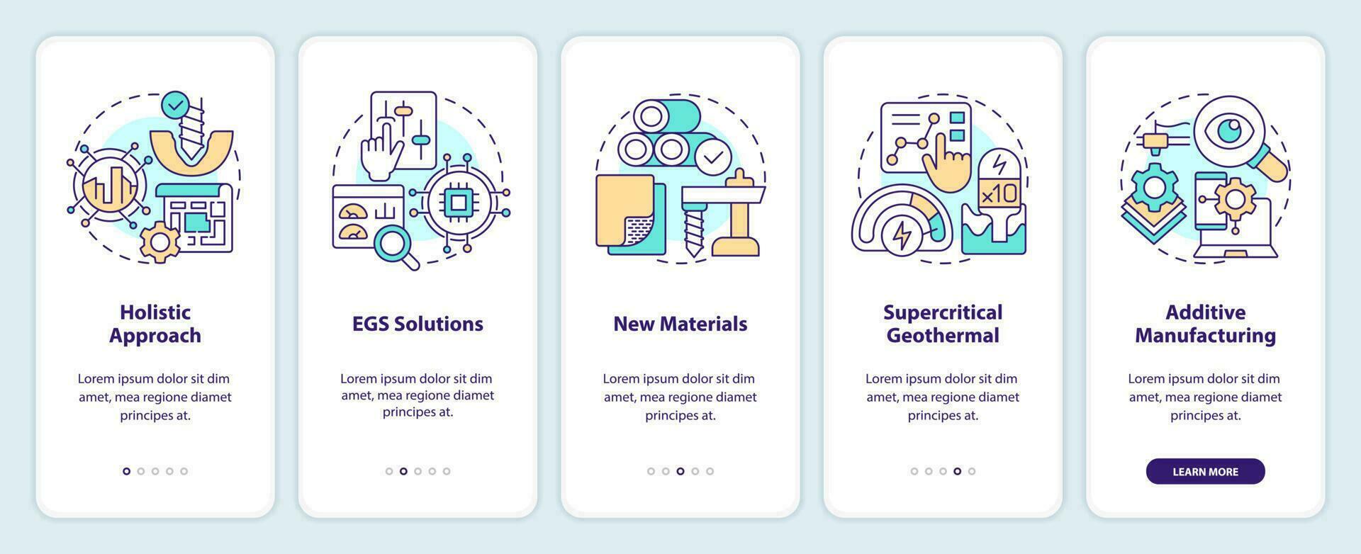 geotermisk energi trender onboarding mobil app skärm. genomgång 5 steg redigerbar grafisk instruktioner med linjär begrepp. ui, ux, gui mall vektor