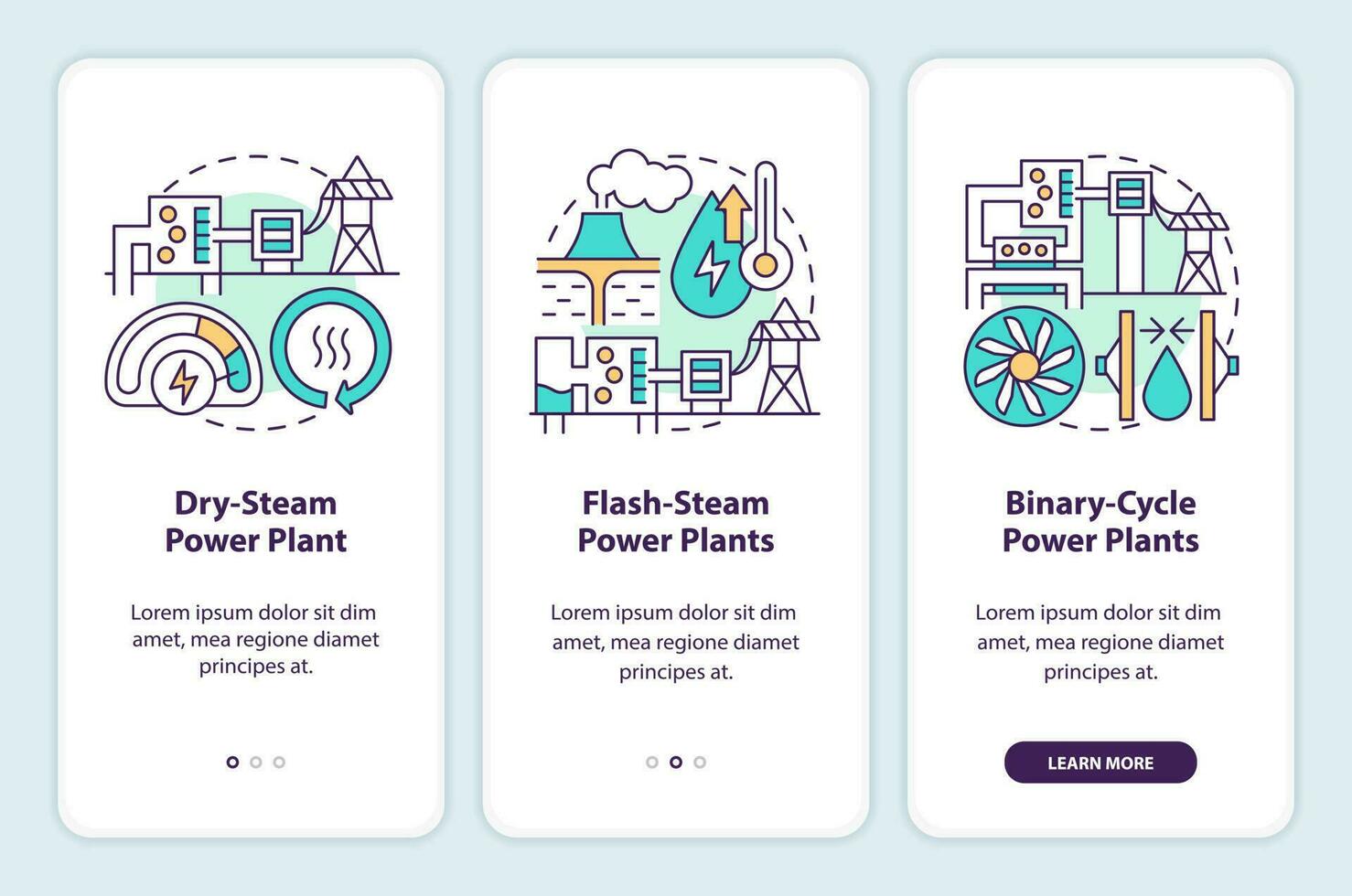 geothermisch Leistung Pflanzen Onboarding Handy, Mobiltelefon App Bildschirm. Komplettlösung 3 Schritte editierbar Grafik Anleitung mit linear Konzepte. ui, ux, gui Vorlage vektor