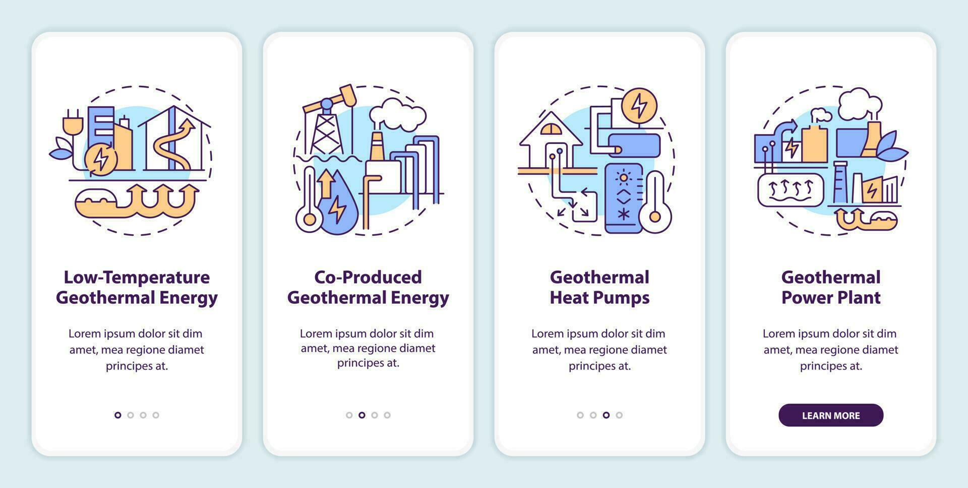 typer av geotermisk energi onboarding mobil app skärm. genomgång 5 steg redigerbar grafisk instruktioner med linjär begrepp. ui, ux, gui mall vektor