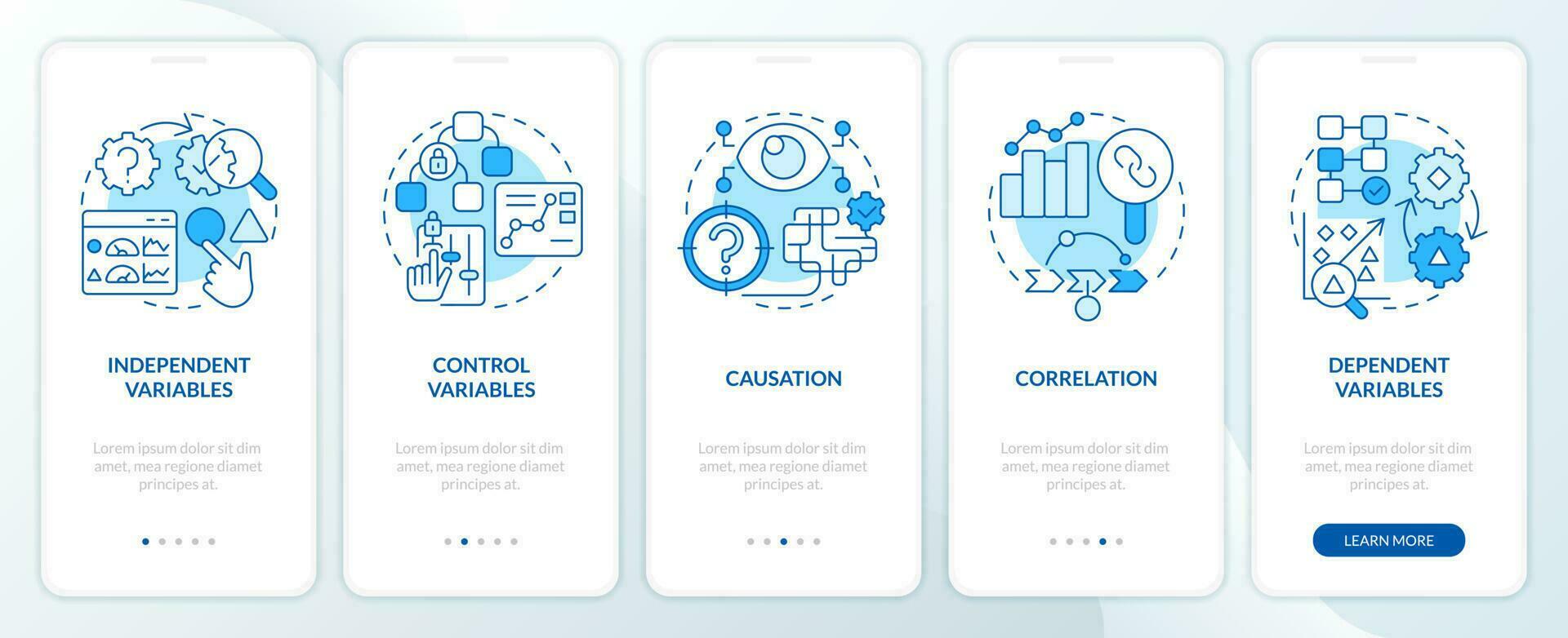 kausal Forschung Variablen Blau Onboarding Handy, Mobiltelefon App Bildschirm. Komplettlösung 5 Schritte editierbar Grafik Anleitung mit linear Konzepte. ui, ux, gui Vorlage vektor