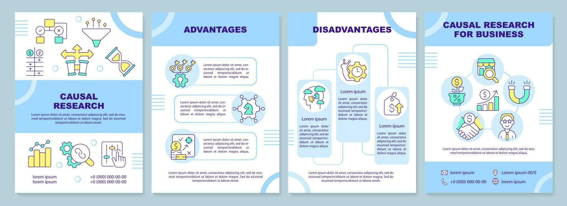 kausal Forschung Blau Broschüre Vorlage. Marketing Werkzeug. Flugblatt Design mit linear Symbole. editierbar 4 Vektor Layouts zum Präsentation, jährlich Berichte