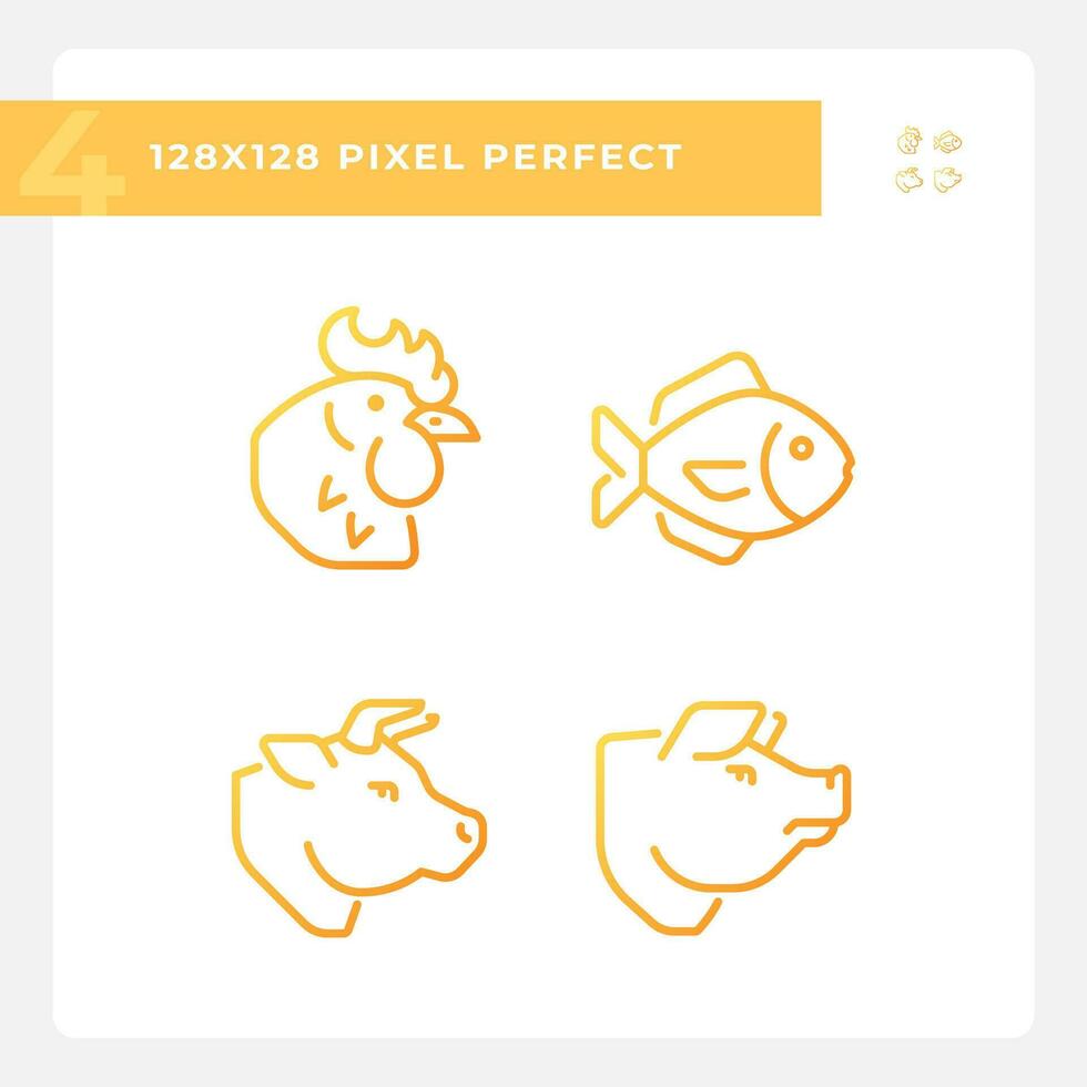 kött och fisk Produkter pixel perfekt lutning linjär vektor ikoner uppsättning. protein källa. mat grupp. bruka djur. tunn linje kontur symbol mönster bunt. isolerat översikt illustrationer samling
